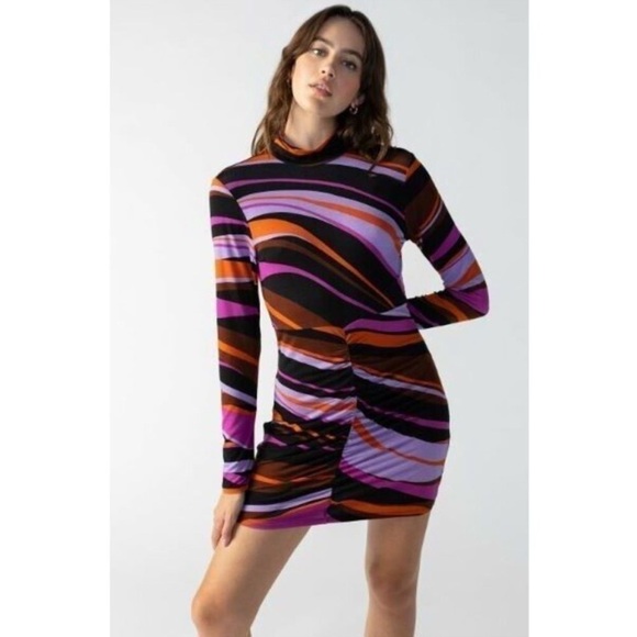 SANCTUARY Abstract Mock Neck Shirred Bodycon Dress Women's Gravity Long … - Picture 1 of 12